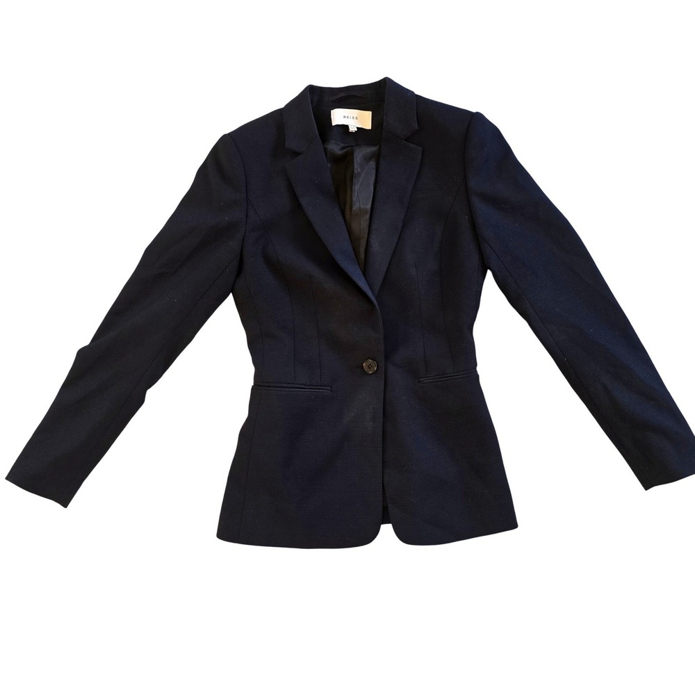 Reiss Blazer Womens 0 XS Navy Blue Wool Blend Single Button Tailored Jacket